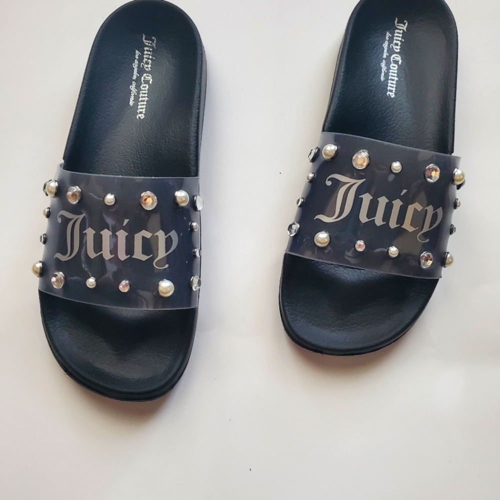 Juicy Couture Black Slide Sandals with Pearl and Rhinestone Accents